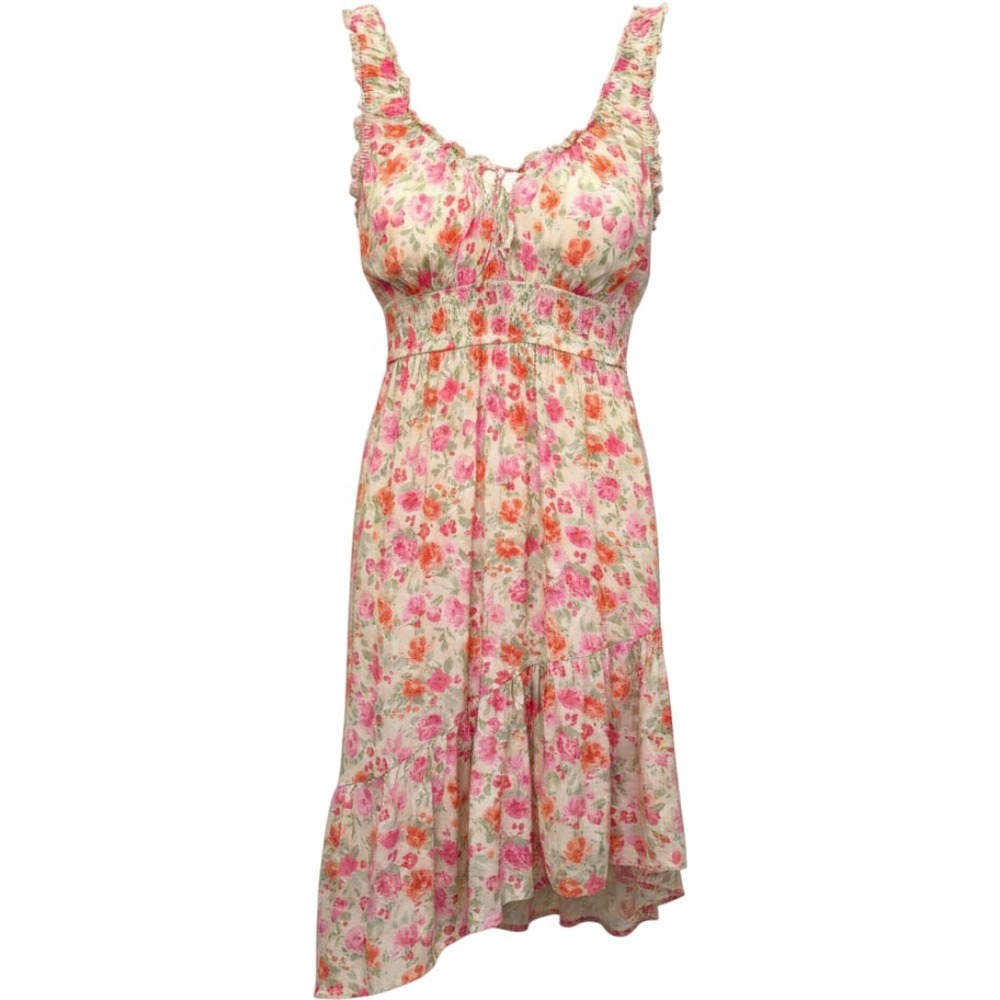 Hippie Rose Floral Smocked Waist Midi Dress Pink Orange Ruffle Women M